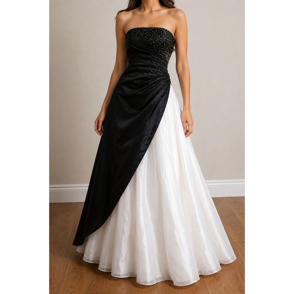 Y2K Strapless Beaded Dress Small Princess Glam Asymmetric Formal Evening Gown